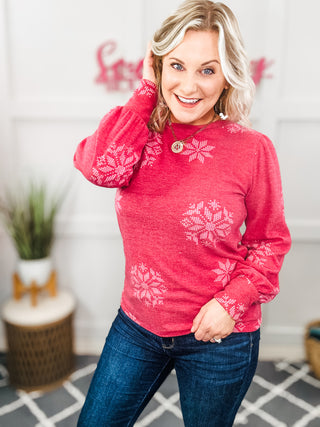 Holiday Ready Red Snowflake Brushed Hacci Sweater Top