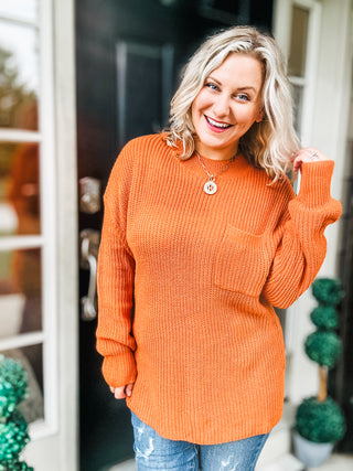 Pumpkin Spice Mock Neck Chest Pocket Knit Sweater