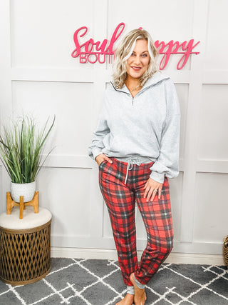 Holiday Vibes Red & Gray Plaid Drawstring Jogger Sweatpants