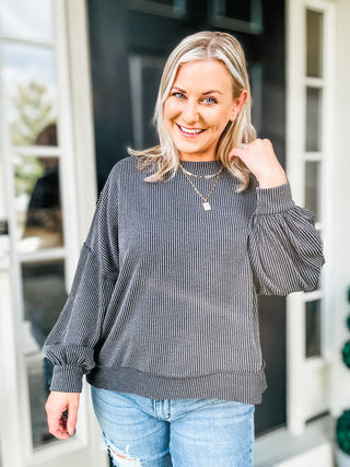 Weekend Ready Charcoal Mineral Wash Rib Pullover Top