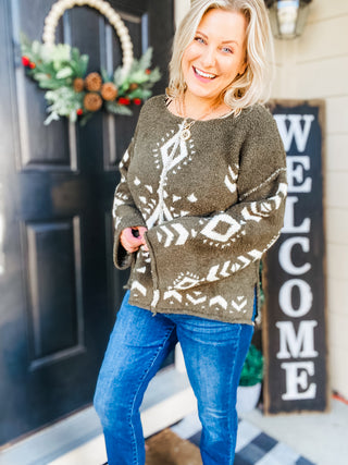 Holiday Vibes Olive Aztec Print Fuzzy Sweater