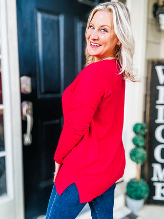 V-Neck Front Seam Sweater in Heather Red