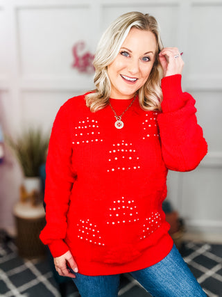 More The Merrier Red Pearl Christmas Tree Jacquard Sweater