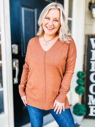 V-Neck Front Seam Sweater in Deep Camel