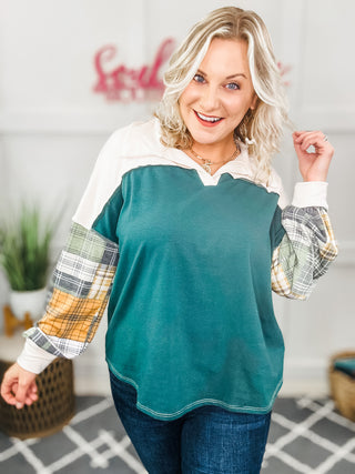 Fall For You Hunter Green Plaid Color Block Collared Terry Top