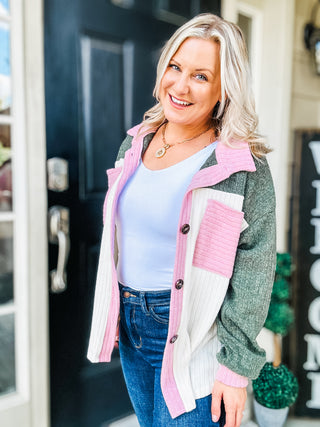 Pretty In Pink & Olive Color Block Button Down Ribbed Shacket