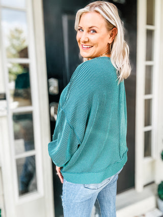 Weekend Ready Hunter Green Mineral Wash Rib Pullover Top II