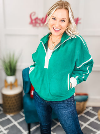 Catch Glances Green Cinched Waist Half Zip Up Fleece Jacket