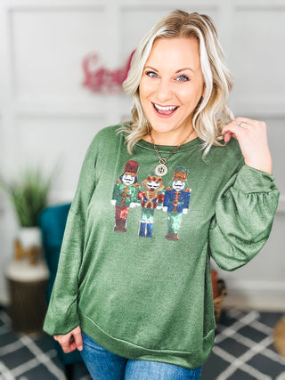 Be Merry Forest Green Nutcracker Sequin Hacci Top