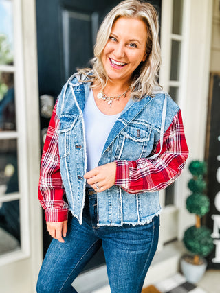 Fresh Start Raw Hem Drawstring Plaid Denim Jacket