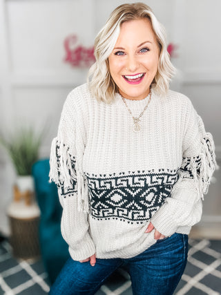 Ready For Anything Taupe & Black Tassel Aztec Sweater