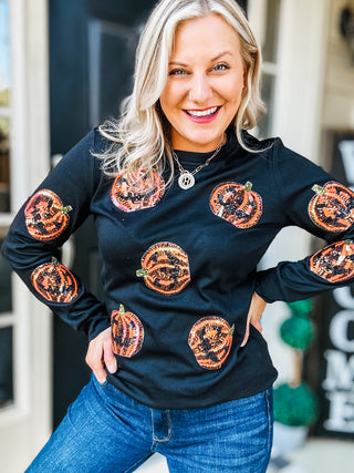 Sequin Pumpkin Patch Long Sleeve Top