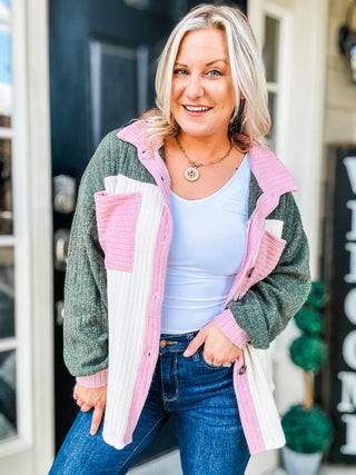 Pretty In Pink & Olive Color Block Button Down Ribbed Shacket