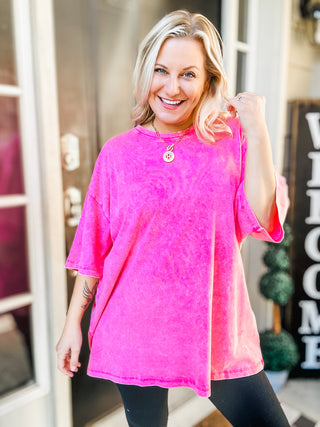 Don't Mind Me Mineral Wash Drop Shoulder Tee in Fuchsia