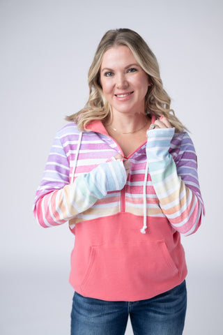 IN STOCK Classic Halfzip Hoodie - Rainbow Stripes and Sun Kissed Coral