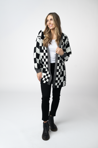 IN STOCK Long Checkered Pocket Cardigan - Black and White