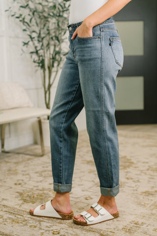 Judy Blue Doris Mid Rise Boyfriend with Adjustable Back Tab + Hollywood WB
