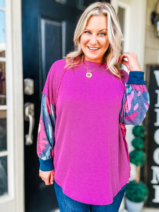 Weekend Ready Magenta & Navy Floral Mineral Wash Rib Dolman Top