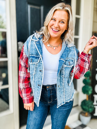 Fresh Start Raw Hem Drawstring Plaid Denim Jacket