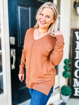 V-Neck Front Seam Sweater in Deep Camel