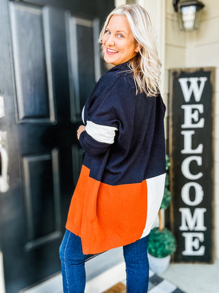 Writer's Block Color Block Open Front Cardigan