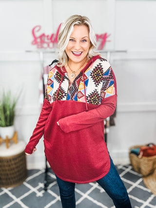 Stand Out Burgundy Tribal Print Half Zip Longline Hoodie