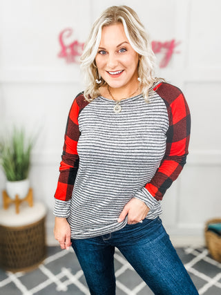 Adorable Red & Grey Striped Plaid Longline Raglan Top