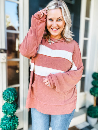 Feeling Playful Rust Stripe Color Block French Terry Hoodie