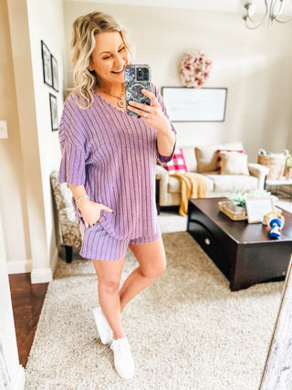 Mellow Days Cozy Ribbed Hacci Knit Shorts and Short Sleeve Lounge Set