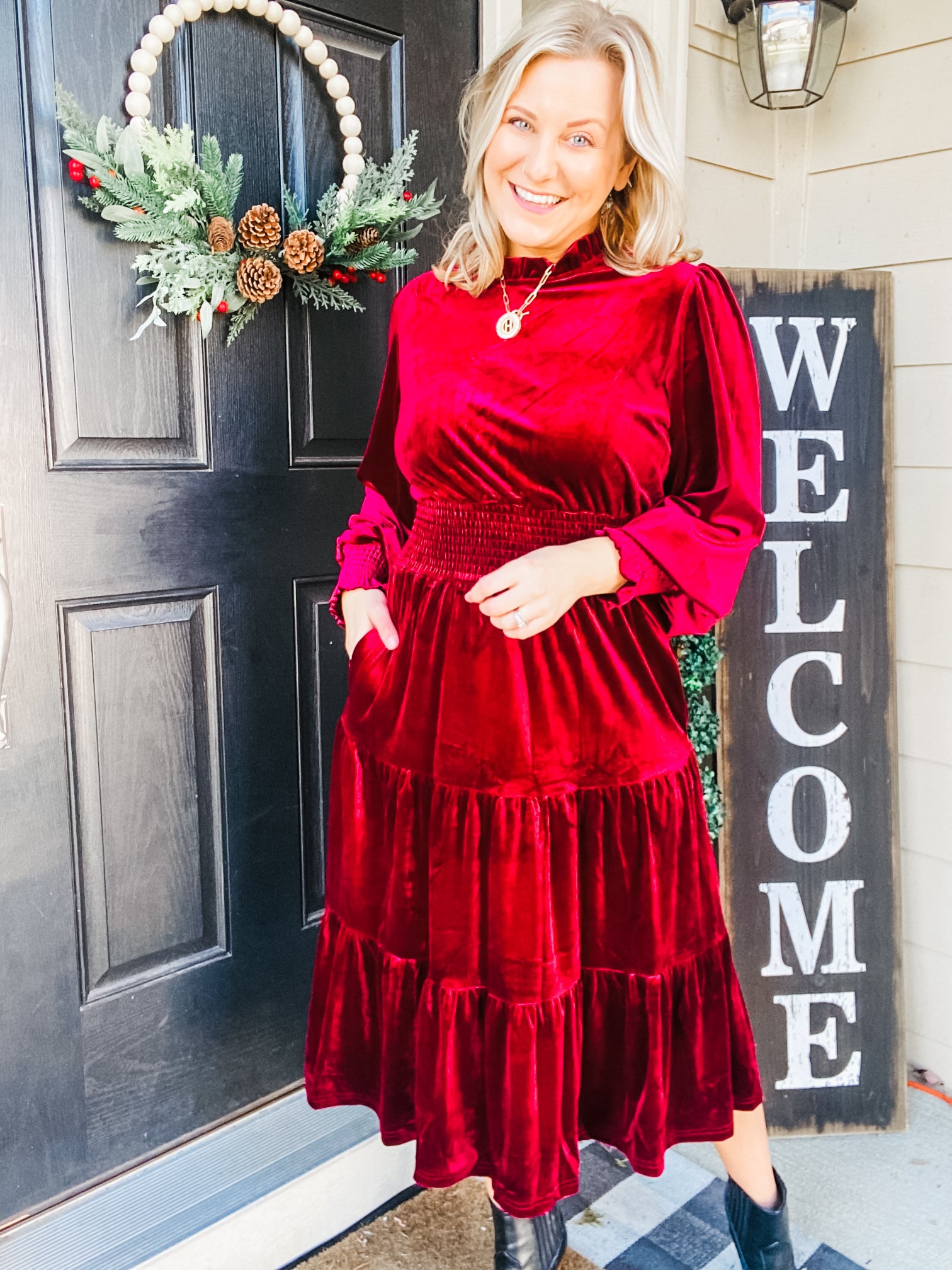 Holiday Dreaming Burgundy Velvet Mock Neck Smocked Waist Dress II Small Holiday Dreaming Burgundy Velvet Mock Neck Smocked Waist Dress II Small