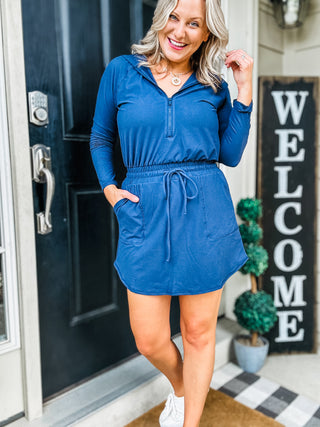 Getting Out Long Sleeve Hoodie Romper in Navy