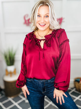 Holiday Vibes Burgundy Frill Detail Tie Neck Satin Top