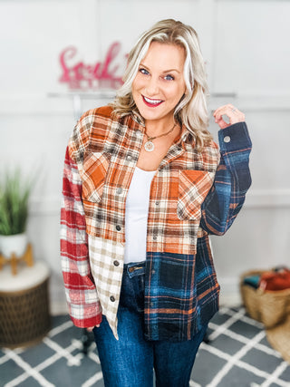 Catch Glances Muticolor Plaid Color Block Snap Button Shacket