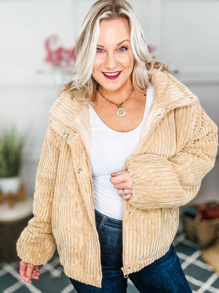 Casual Chic Latte Corduroy Ribbed High Neck Puffer Jacket