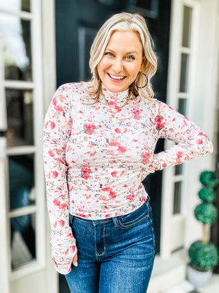 Out To Lunch Floral Mock Neck Sheer Long Sleeve Blouse