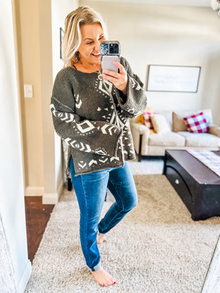 Holiday Vibes Olive Aztec Print Fuzzy Sweater