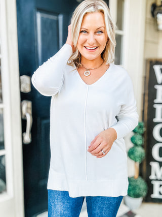 V-Neck Front Seam Sweater in Ivory