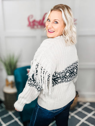 Ready For Anything Taupe & Black Tassel Aztec Sweater