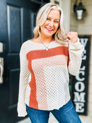 Some Kind Of Wonderful Openwork Color Block Long Sleeve Knit Top