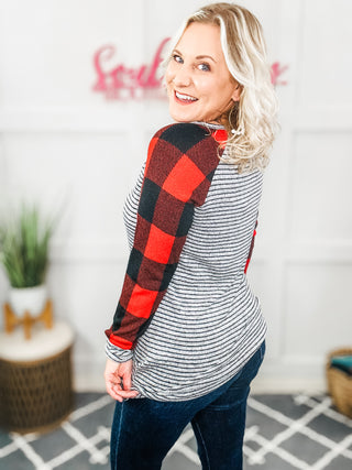 Adorable Red & Grey Striped Plaid Longline Raglan Top