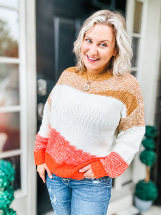 Adorable You Camel & Orange Color Block Sweater