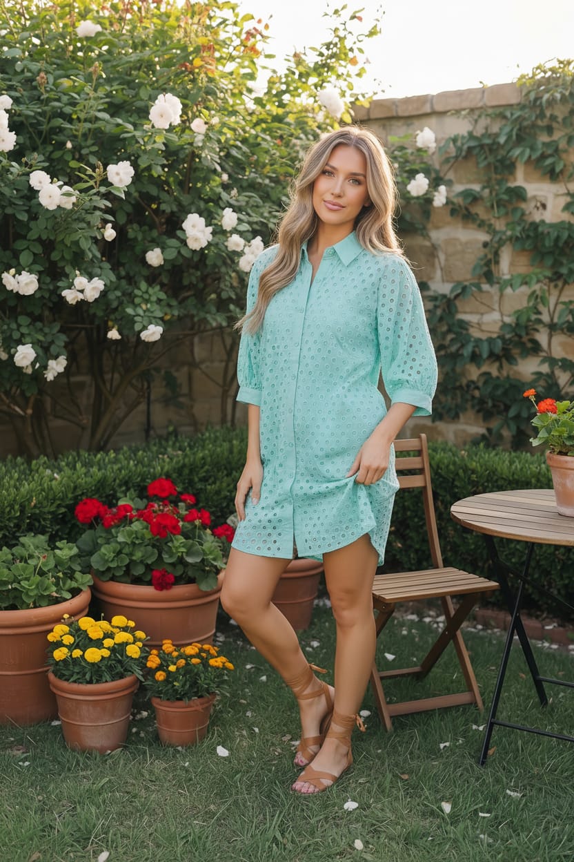 eyelet shirt dress Mint Eyelet Button Front Shirt Dress M