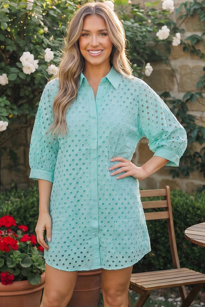 button front shirt dresses Mint Eyelet Button Front Shirt Dress – Soul Happy Shop