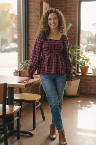 Sweetheart Smocked Cranberry Plaid Top