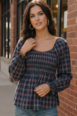 Sweetheart Smocked Navy Plaid Top