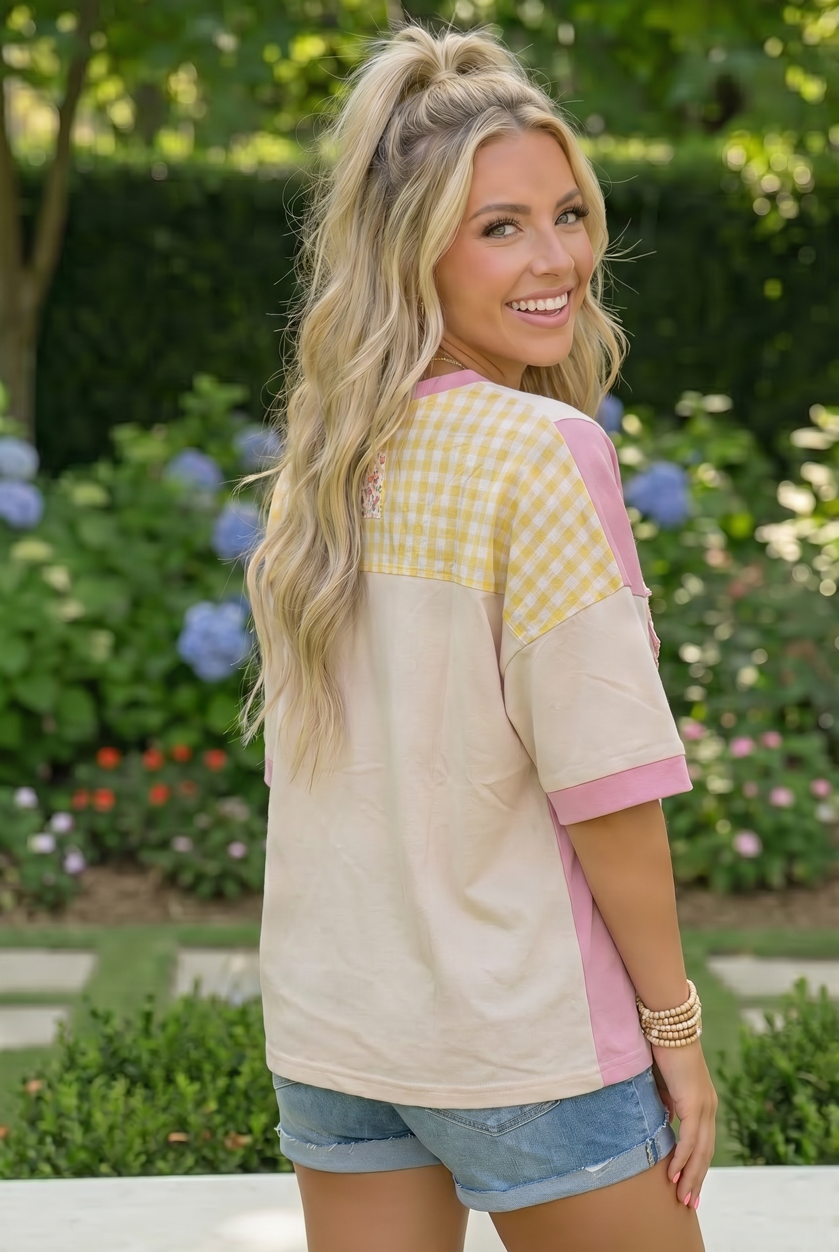 Patchwork Flower Oversized Tee in Pink and Yellow – Soul Happy Shop