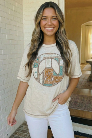 Boho Peace Patchwork Oversized Graphic Tee