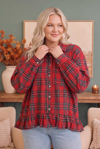 Ruffle the Rules Plaid Flannel Top in Red