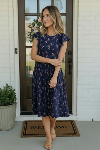 Navy Floral Flutter Sleeve Midi Dress