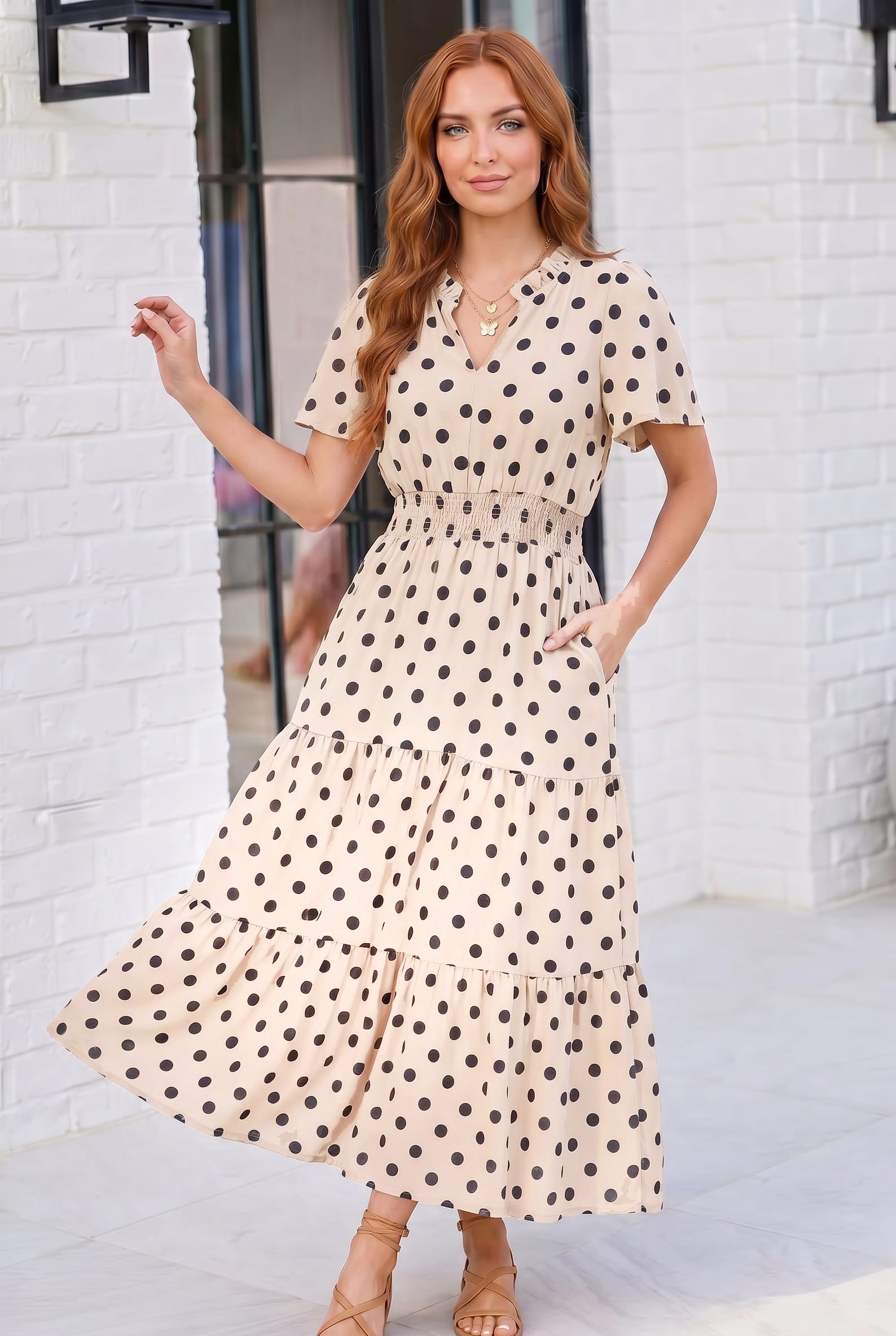 cream dress with brown polka dots Toddler Girl Polka Dot Layered Sweater Long-Sleeve Dress - Brown/Cream - Otter Avenue